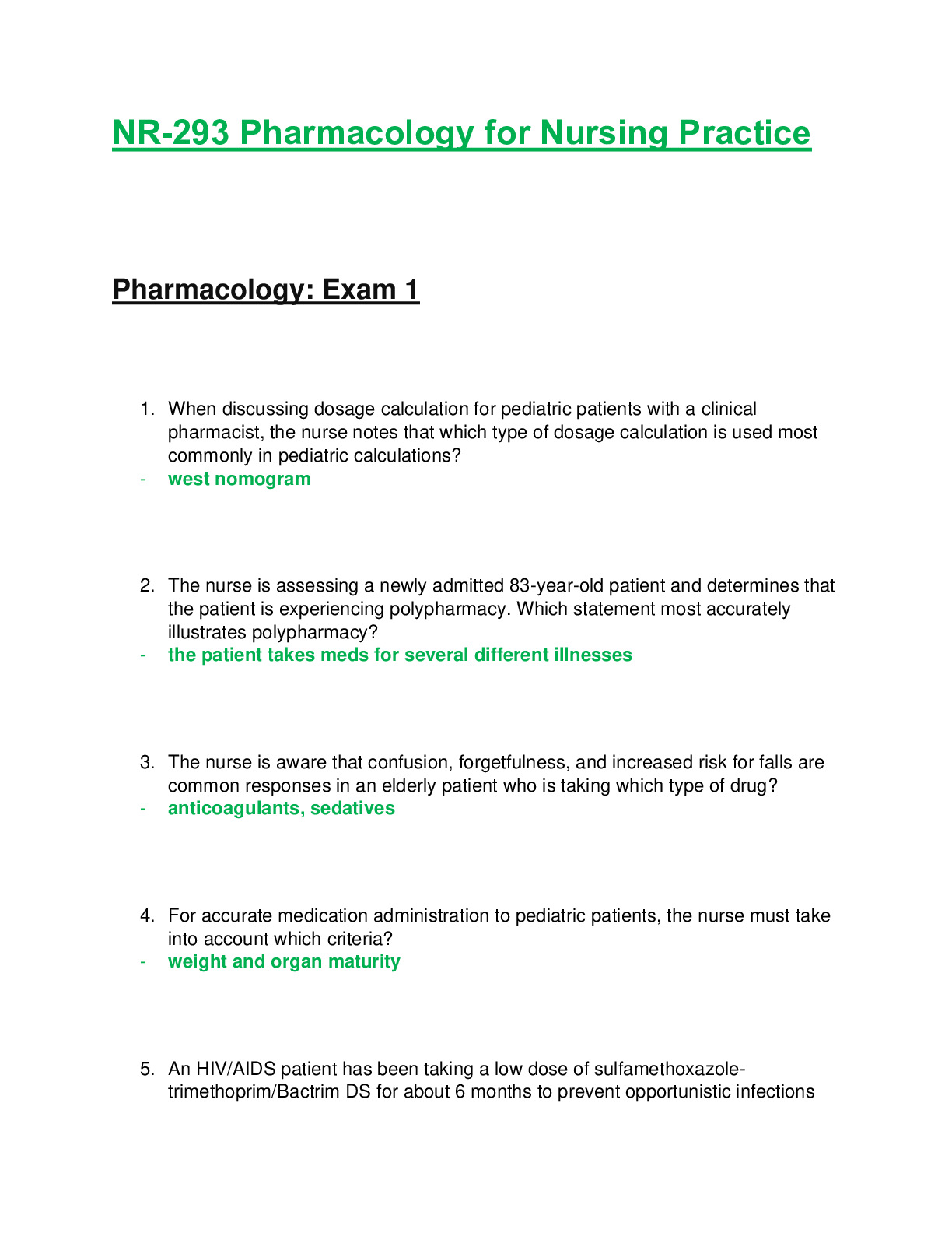 Preview of NR293 / NR 293: Pharmacology for Nursing Practice Exam 1 (Fall 2020) Chamberlain College O